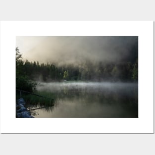 Misty Lake 2. Amazing shot of a wooden house in the Ferchensee lake in Bavaria, Germany, in front of a mountain belonging to the Alps. Scenic foggy morning scenery at sunrise. Posters and Art